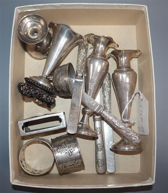 A pair of early 20th century Chinese white metal vases by Wang Hing and ten other assorted Chinese white metal items.